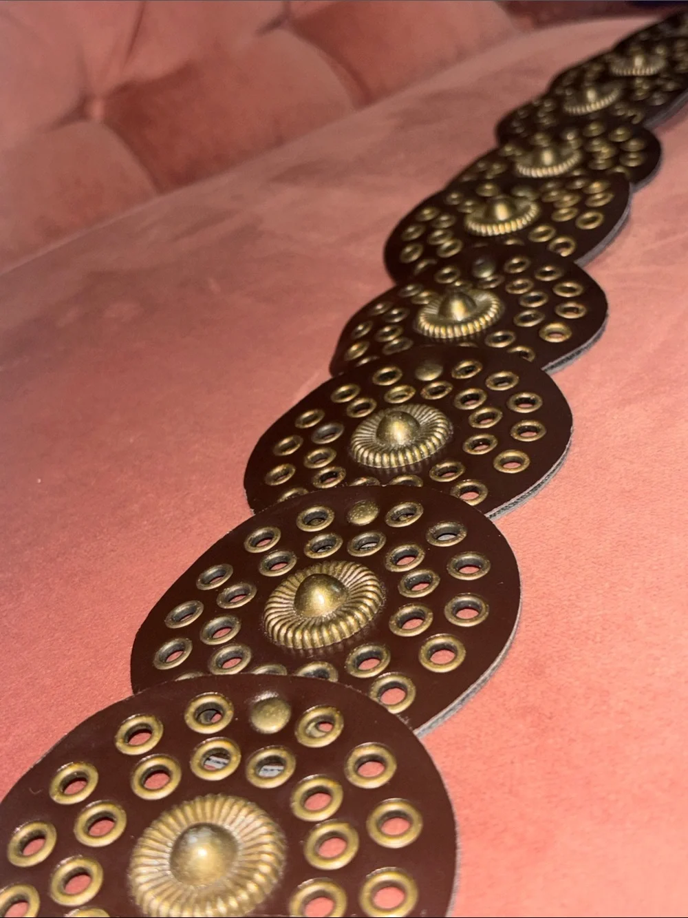 Large disk belt faux leather brown studded adjustable y2k style boho belt